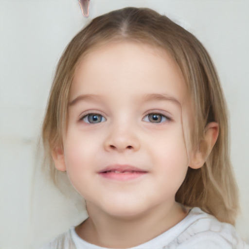 Joyful white child female with medium  brown hair and blue eyes