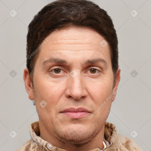 Joyful white adult male with short  brown hair and grey eyes