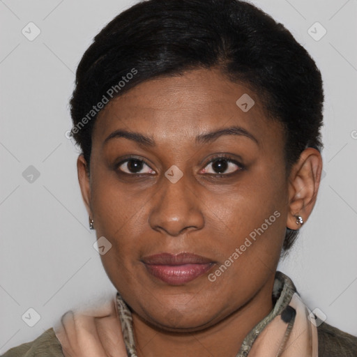 Joyful black young-adult female with short  brown hair and brown eyes