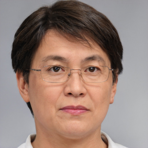 Joyful white middle-aged male with short  brown hair and brown eyes