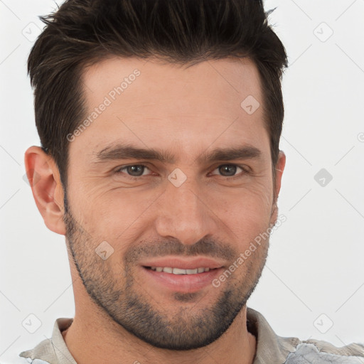 Joyful white young-adult male with short  brown hair and brown eyes