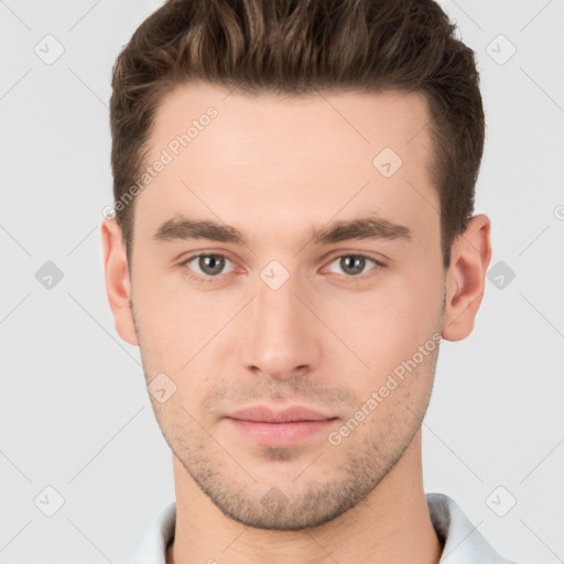 Neutral white young-adult male with short  brown hair and brown eyes