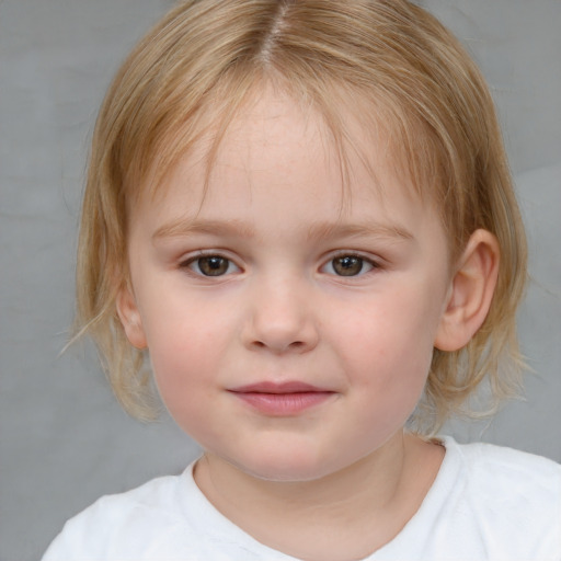 Joyful white child female with medium  brown hair and blue eyes