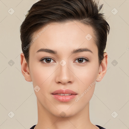 Neutral white young-adult female with short  brown hair and brown eyes