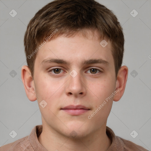 Neutral white young-adult male with short  brown hair and grey eyes