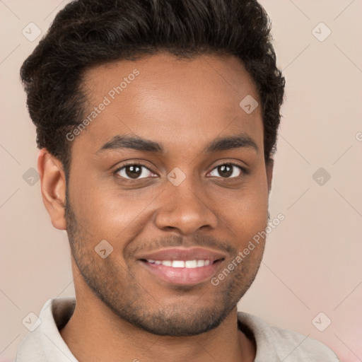 Joyful black young-adult male with short  brown hair and brown eyes