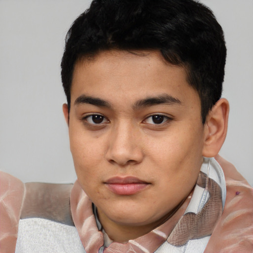 Neutral asian young-adult male with short  brown hair and brown eyes