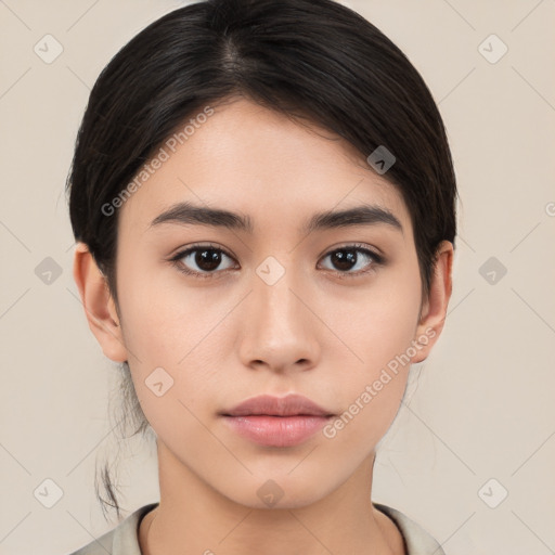 Neutral white young-adult female with medium  brown hair and brown eyes