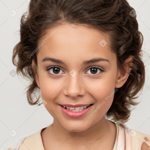 Joyful white child female with medium  brown hair and brown eyes