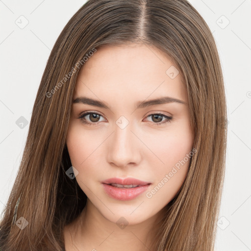 Neutral white young-adult female with long  brown hair and brown eyes