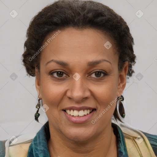 Joyful latino adult female with short  brown hair and brown eyes