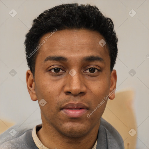 Joyful latino young-adult male with short  brown hair and brown eyes