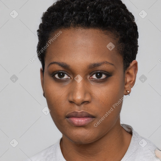 Neutral black young-adult female with short  black hair and brown eyes