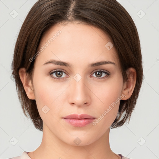 Neutral white young-adult female with medium  brown hair and brown eyes