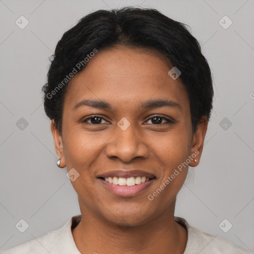 Joyful latino young-adult female with short  black hair and brown eyes