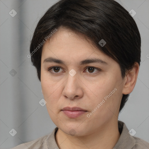 Neutral white young-adult female with medium  brown hair and brown eyes