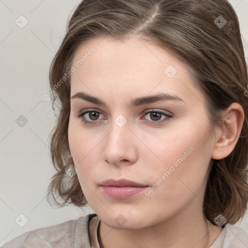 Neutral white young-adult female with medium  brown hair and grey eyes