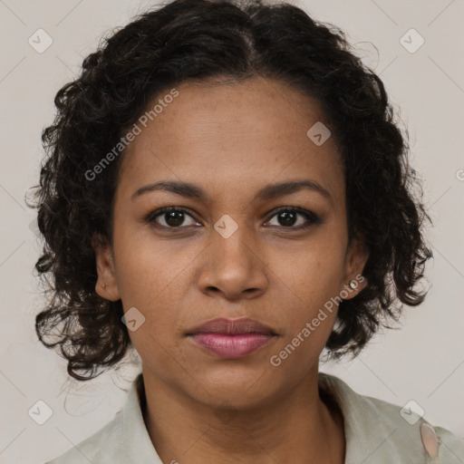 Neutral black young-adult female with medium  brown hair and brown eyes