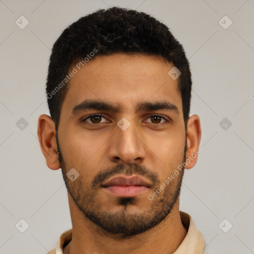 Neutral latino young-adult male with short  black hair and brown eyes