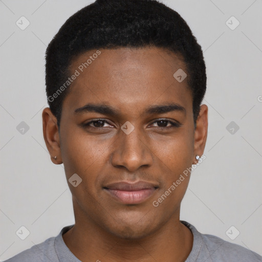 Neutral black young-adult male with short  black hair and brown eyes