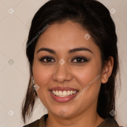 Joyful white young-adult female with long  brown hair and brown eyes