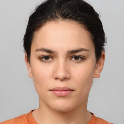 Neutral white young-adult female with short  brown hair and brown eyes