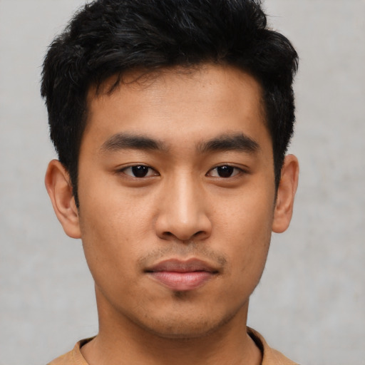 Neutral asian young-adult male with short  black hair and brown eyes