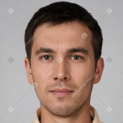 Neutral white young-adult male with short  brown hair and brown eyes