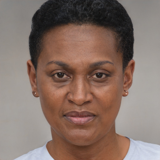 Joyful black adult female with short  black hair and brown eyes