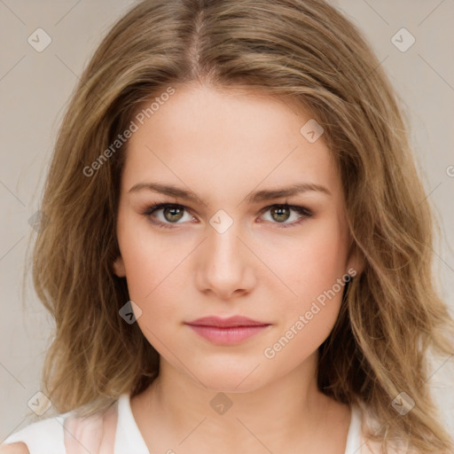 Neutral white young-adult female with medium  brown hair and brown eyes