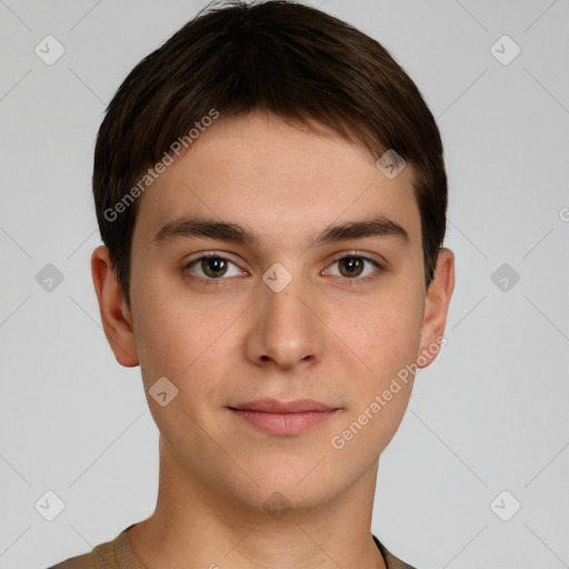 Neutral white young-adult male with short  brown hair and brown eyes