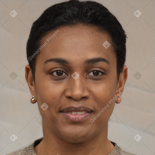 Joyful latino young-adult female with short  black hair and brown eyes