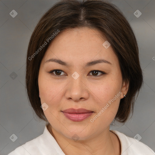 Joyful white young-adult female with medium  brown hair and brown eyes