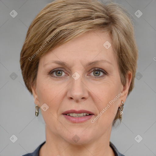 Joyful white adult female with medium  brown hair and grey eyes