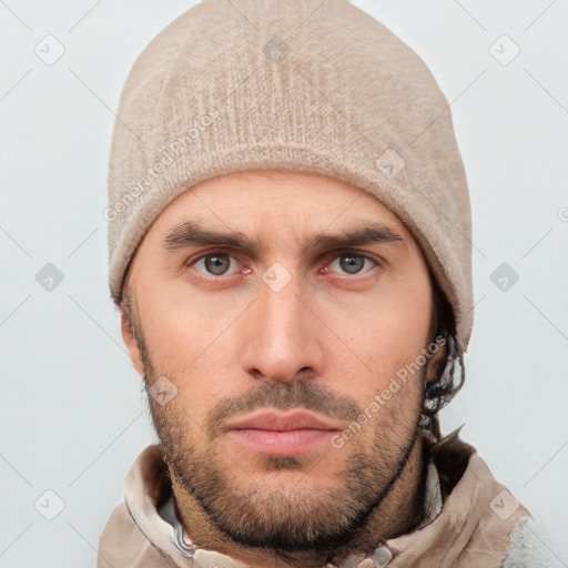 Neutral white young-adult male with short  brown hair and brown eyes