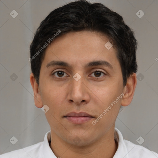 Neutral asian young-adult male with short  brown hair and brown eyes