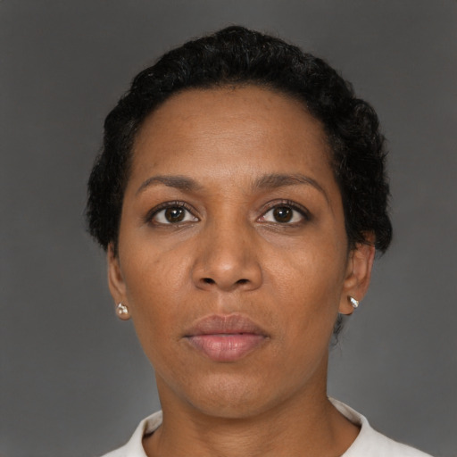 Neutral black adult female with short  black hair and brown eyes