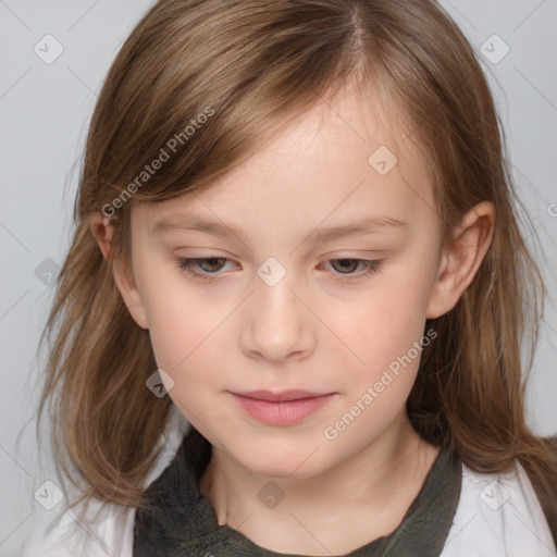 Joyful white child female with medium  brown hair and brown eyes