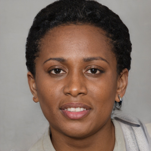 Joyful black young-adult female with short  brown hair and brown eyes