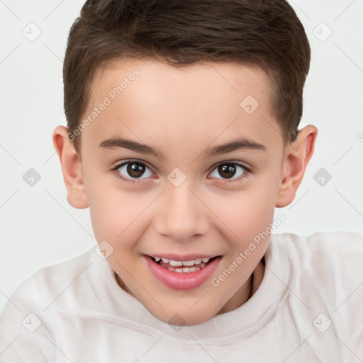 Joyful white child female with short  brown hair and brown eyes