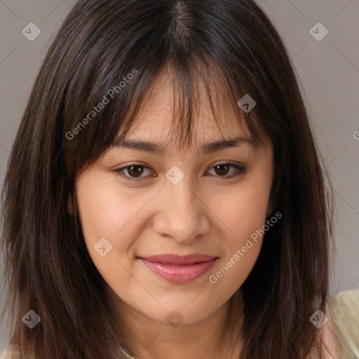 Joyful white young-adult female with medium  brown hair and brown eyes