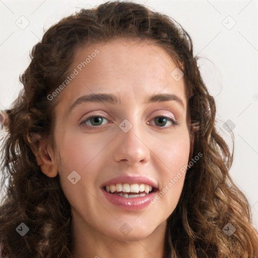 Joyful white young-adult female with long  brown hair and green eyes