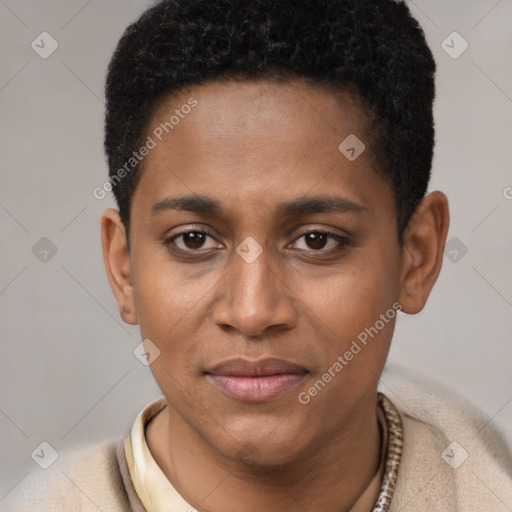 Joyful black young-adult female with short  brown hair and brown eyes