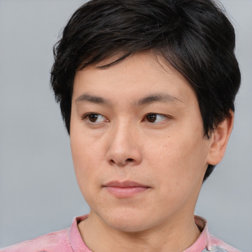 Neutral asian young-adult male with short  brown hair and brown eyes
