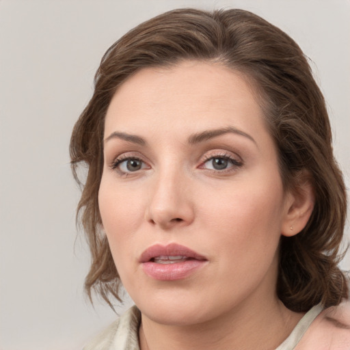 Neutral white young-adult female with medium  brown hair and grey eyes