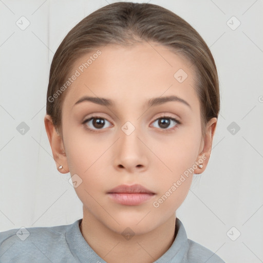 Neutral white young-adult female with short  brown hair and brown eyes