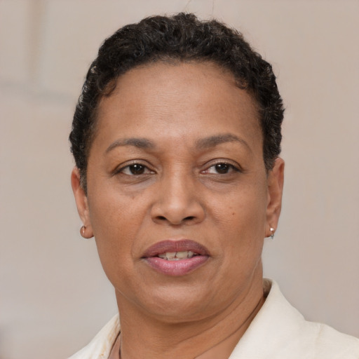 Joyful latino adult female with short  brown hair and brown eyes