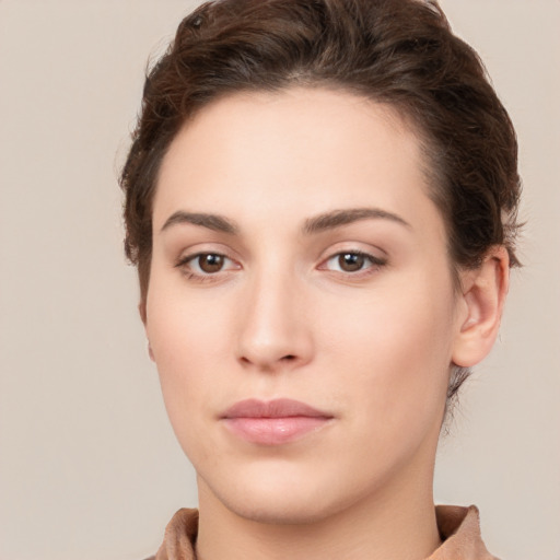 Neutral white young-adult female with short  brown hair and brown eyes