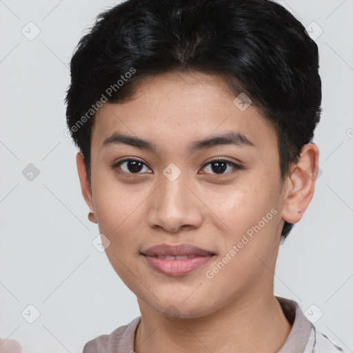 Joyful latino young-adult female with short  brown hair and brown eyes