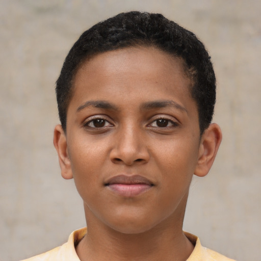 Neutral black young-adult female with short  brown hair and brown eyes